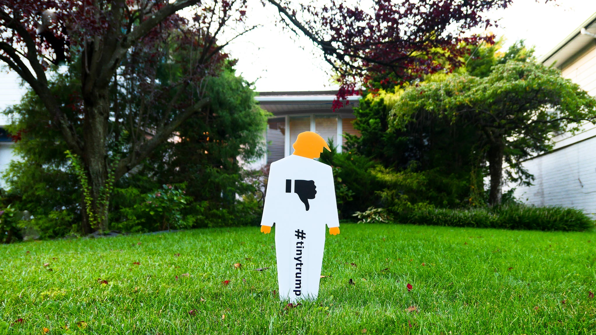 two foot tall tiny trump lawn sign (white coroplast trump cutout with orange head and hands) with a thumbs down sign in the chest standing on a suburban lawn